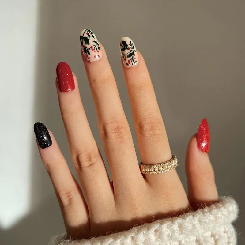 Gold Powder Christmas Fake Nails