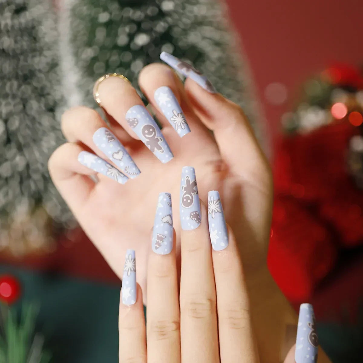 Gold Powder Christmas Fake Nails