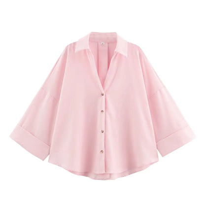 Women's Wide Short Sleeve Collared Button Front Shirt