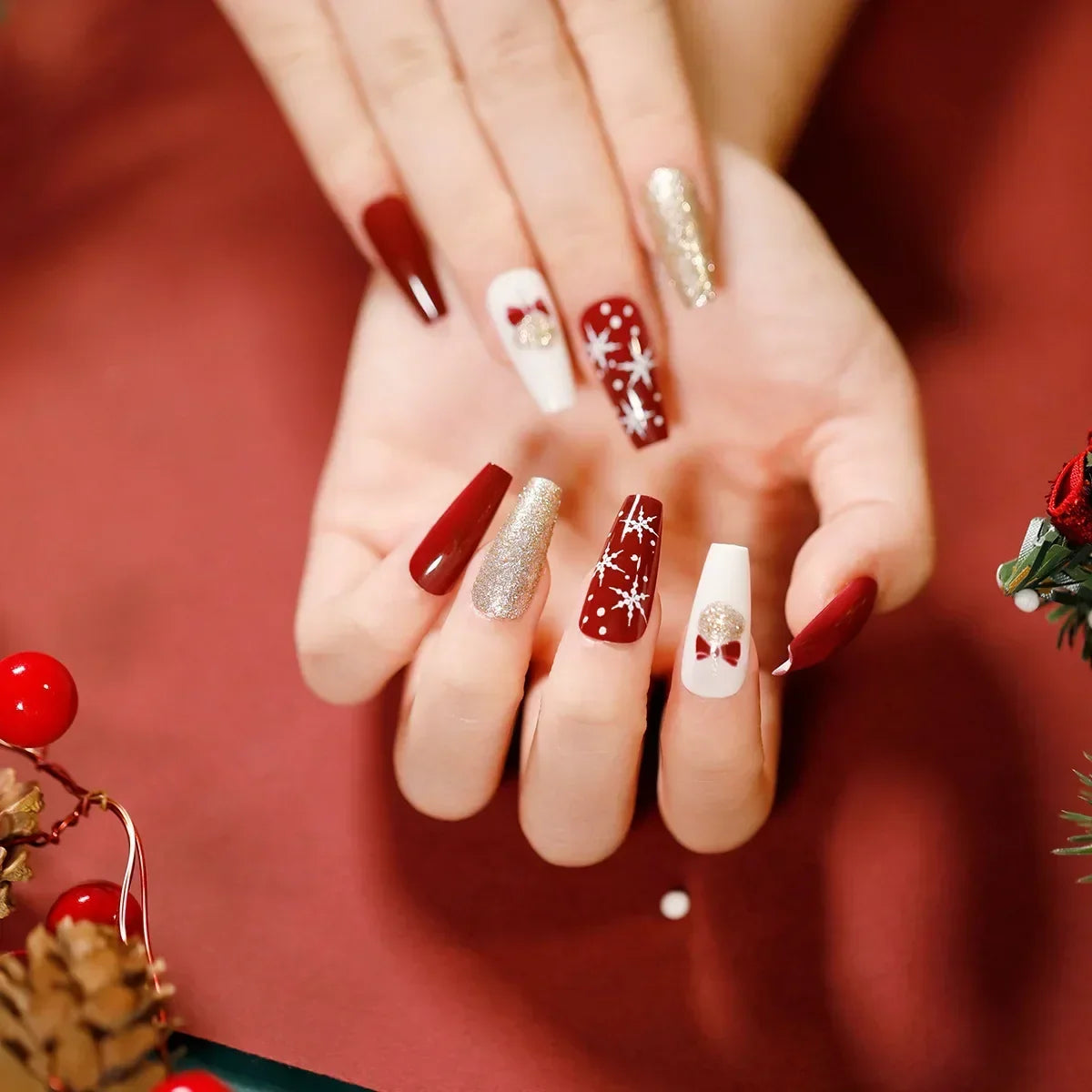 Gold Powder Christmas Fake Nails